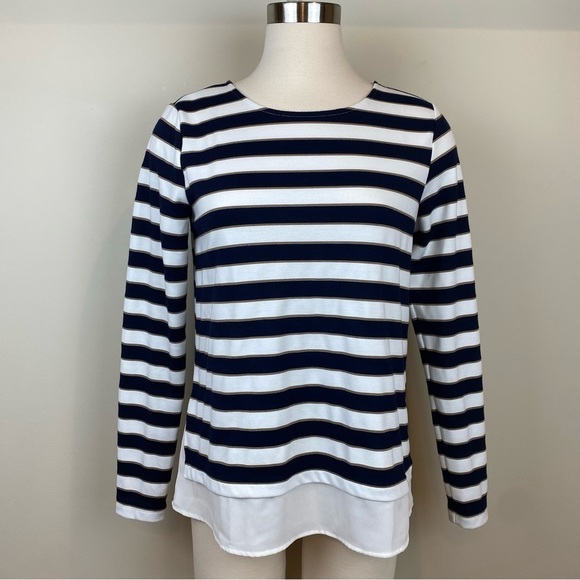 Ann Taylor Faux Double Layer Blouse Pullover Size S Long Sleeve Stripes Navy Tan - Picture 1 of 17